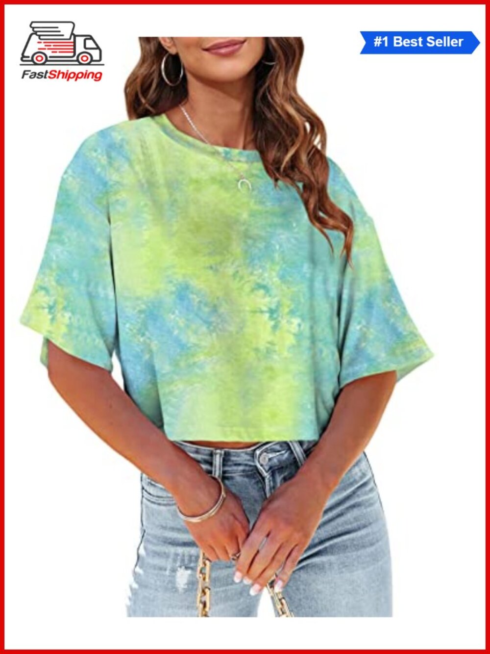 ✨Womens Summer Crop T-Shirt Half Sleeve Drop Shoulder Tie Dye Casual Top